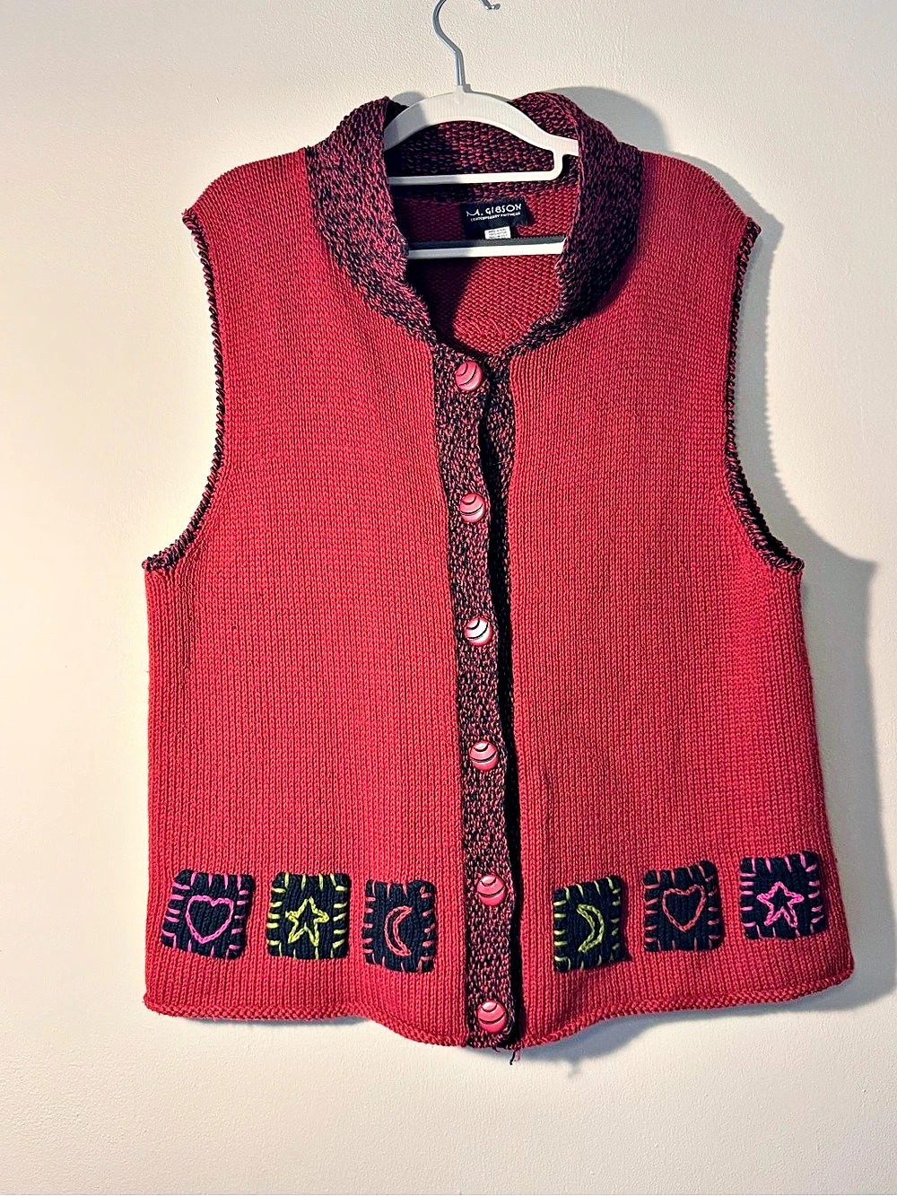 M Gibson Vintage Cotton Knit Button Front Vest in Red Moons, Stars, and hearts